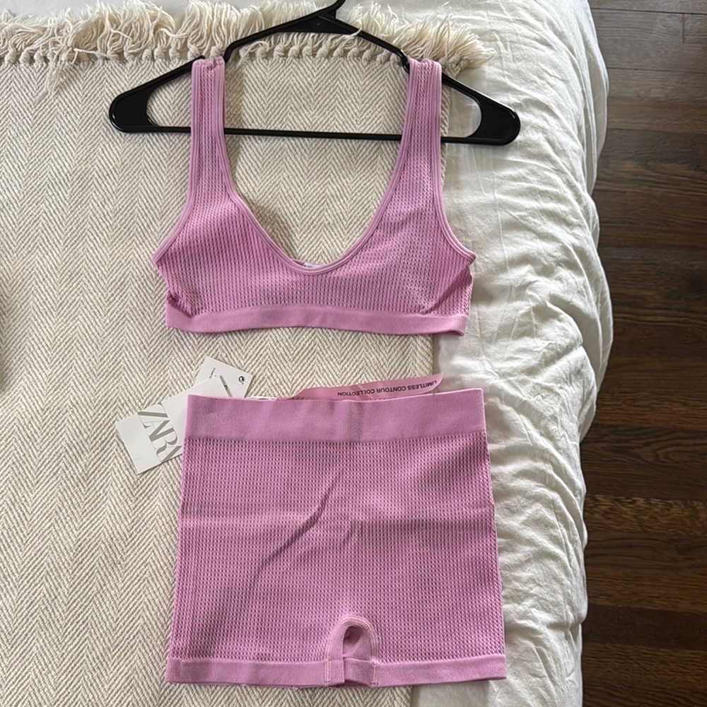 Zara Pink Ribbed Bralette and Shorts Set - BOTTOMS ARE A XS-S, TOP IS A M-L